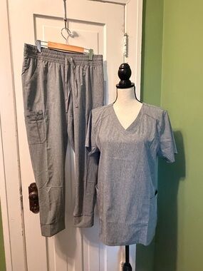 Options international Women's Grey V-Neck Medical Scrub Top and Drawstring Pants